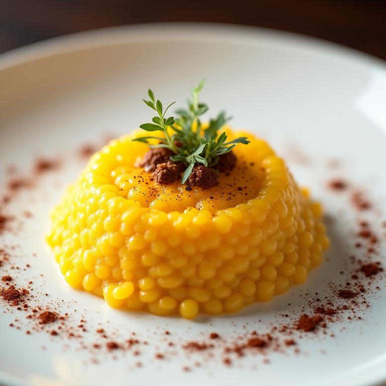 Dettaglio di un piatto di risotto alla milanese gourmet